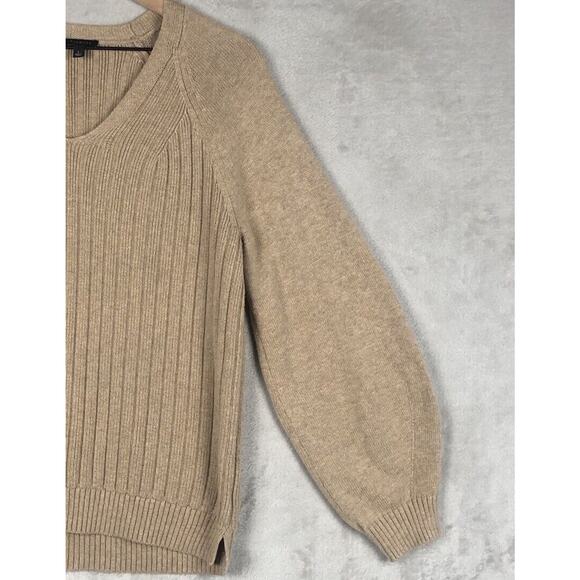 TALBOTS Sweater Women’s Sz L Tan Cotton Long Balloon Sleeve V-Neck Ribbed Raglan - Picture 10 of 10